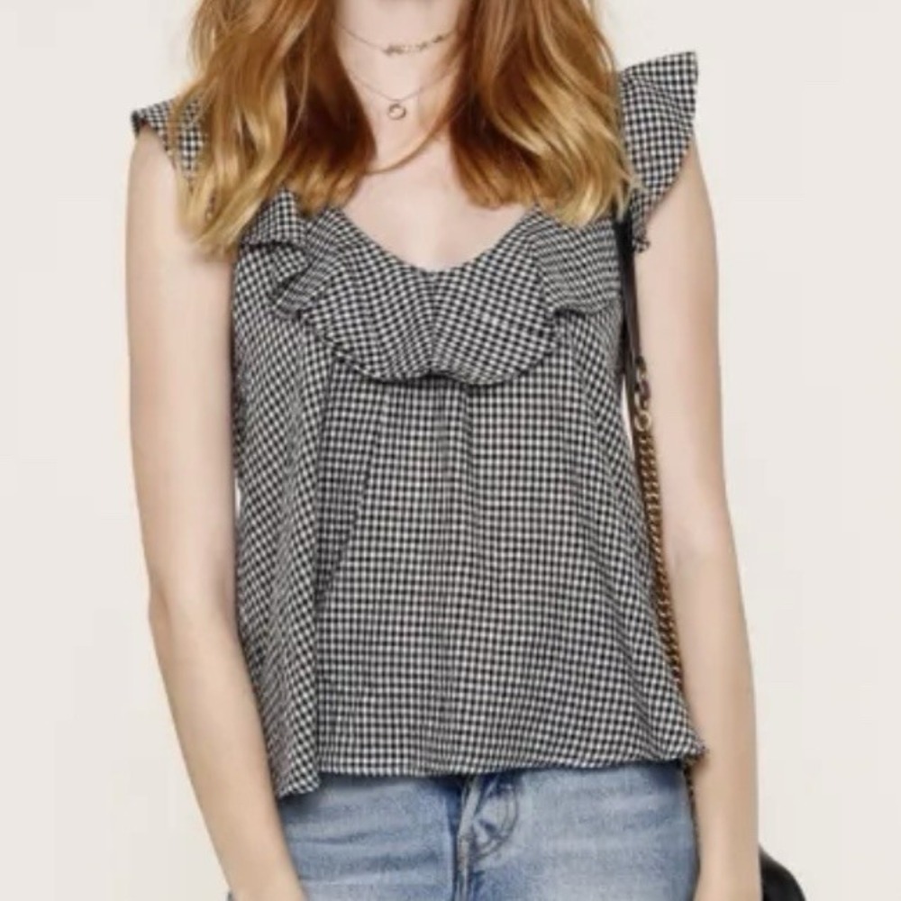 HEARTLOOM Ruffle‎ Scoop Neck Sleeveless Blouse Black White Gingham Check Plaid M